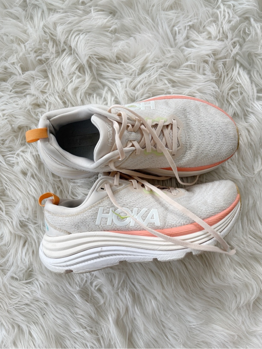 Hoka Women's Running Shoes in Light Beige with Coral and Orange Accents- wide